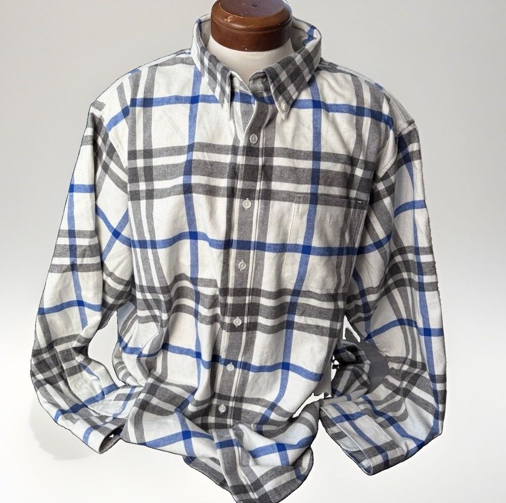 Lands' End Men's 3XLT Flannel Shirt Blue White Plaid Button Down Big Tall Cotton